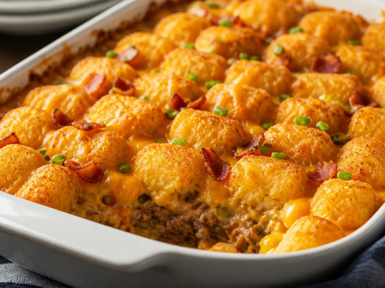 Overhead view of a bubbling tater tot casserole fresh out of the oven surrounded by small bowls of cheese, onion, and tots