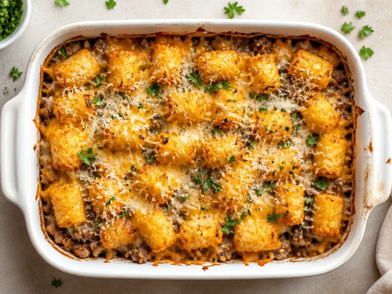 Classic beef and cheddar tater tot casserole in a baking dish with a golden, crispy tot topping
