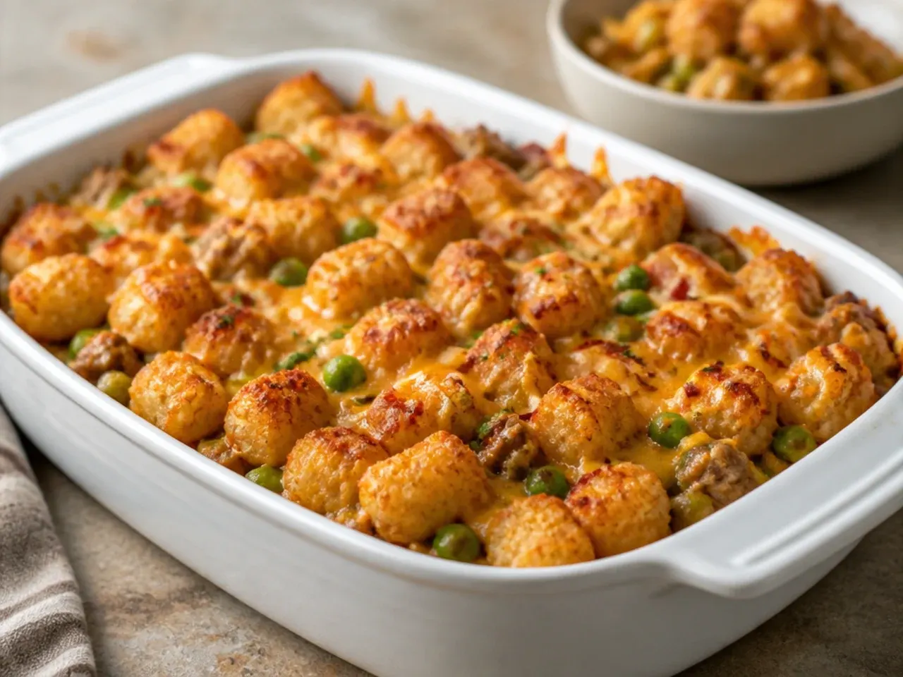 Quick tater tot casserole with rotisserie chicken being assembled in a glass baking dish