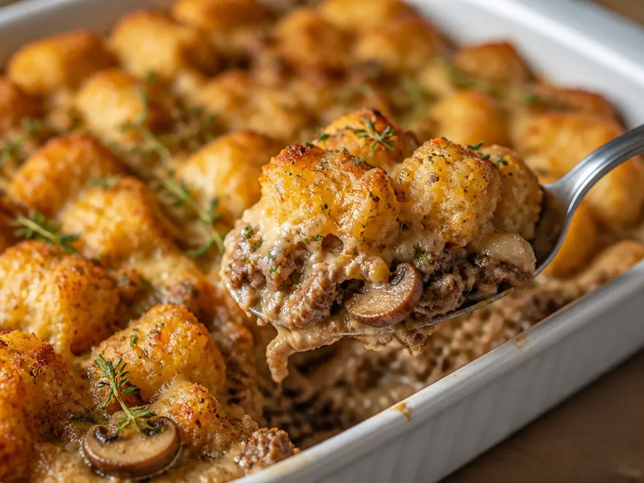 Hearty steak and mushroom tater tot casserole with visible chunks of seared steak under the tot layer
