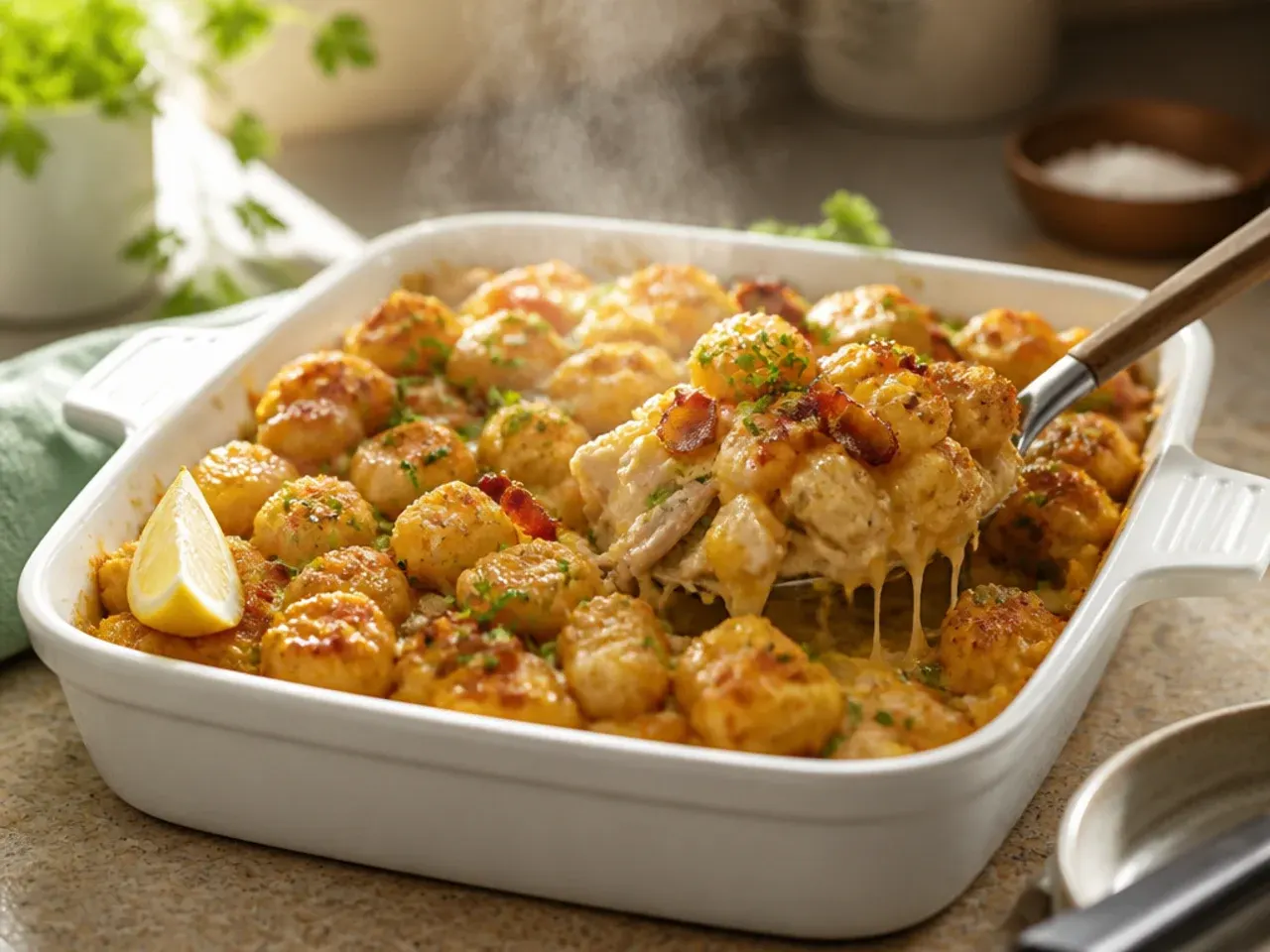 Cozy chicken and bacon tater tot casserole garnished with chopped chives on top of golden tots