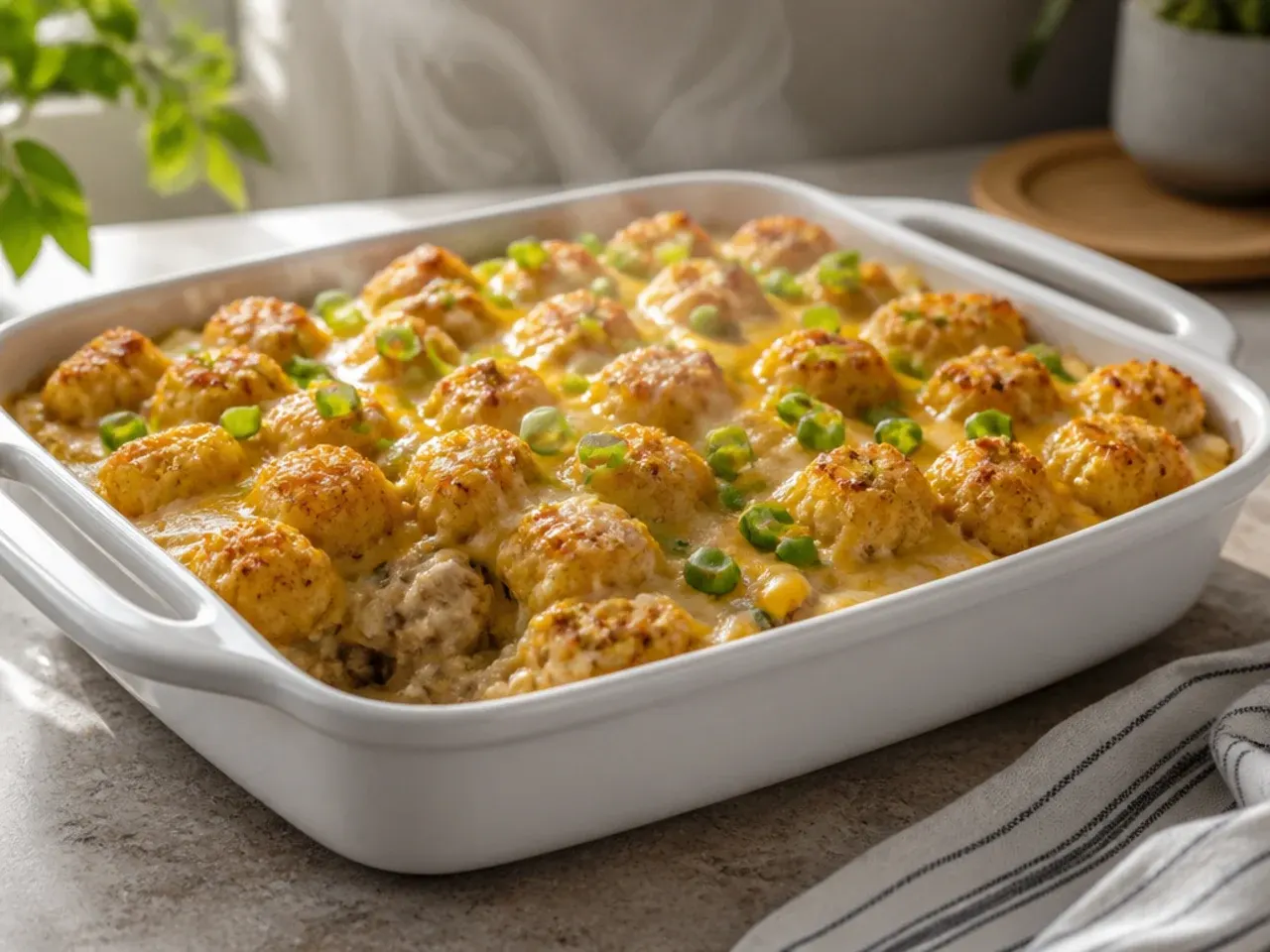 Creamy ranch tater tot casserole with a herby, flecked sauce visible at the edge of the dish
