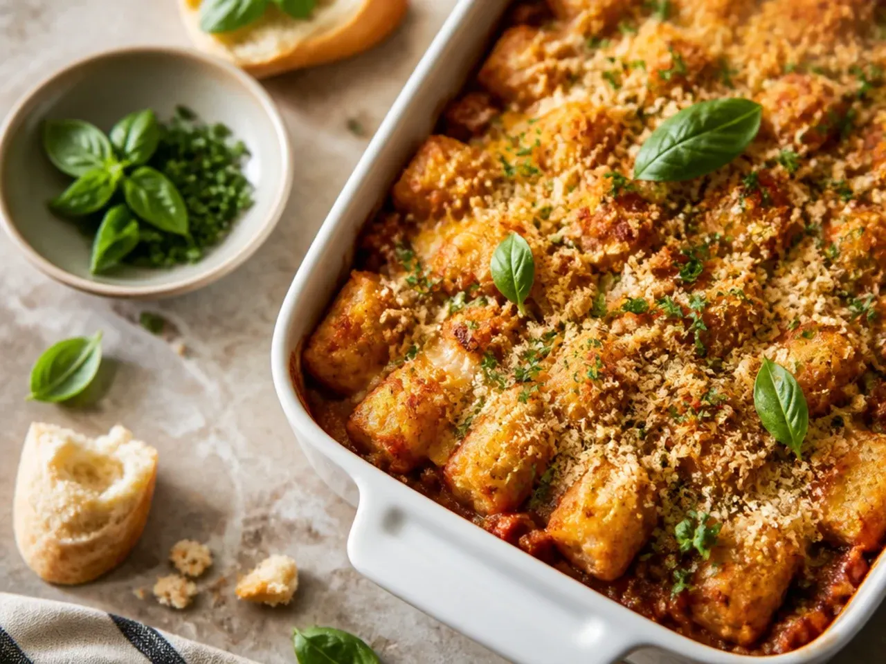 Six simple ingredients laid out on a counter for a minimal tater tot casserole