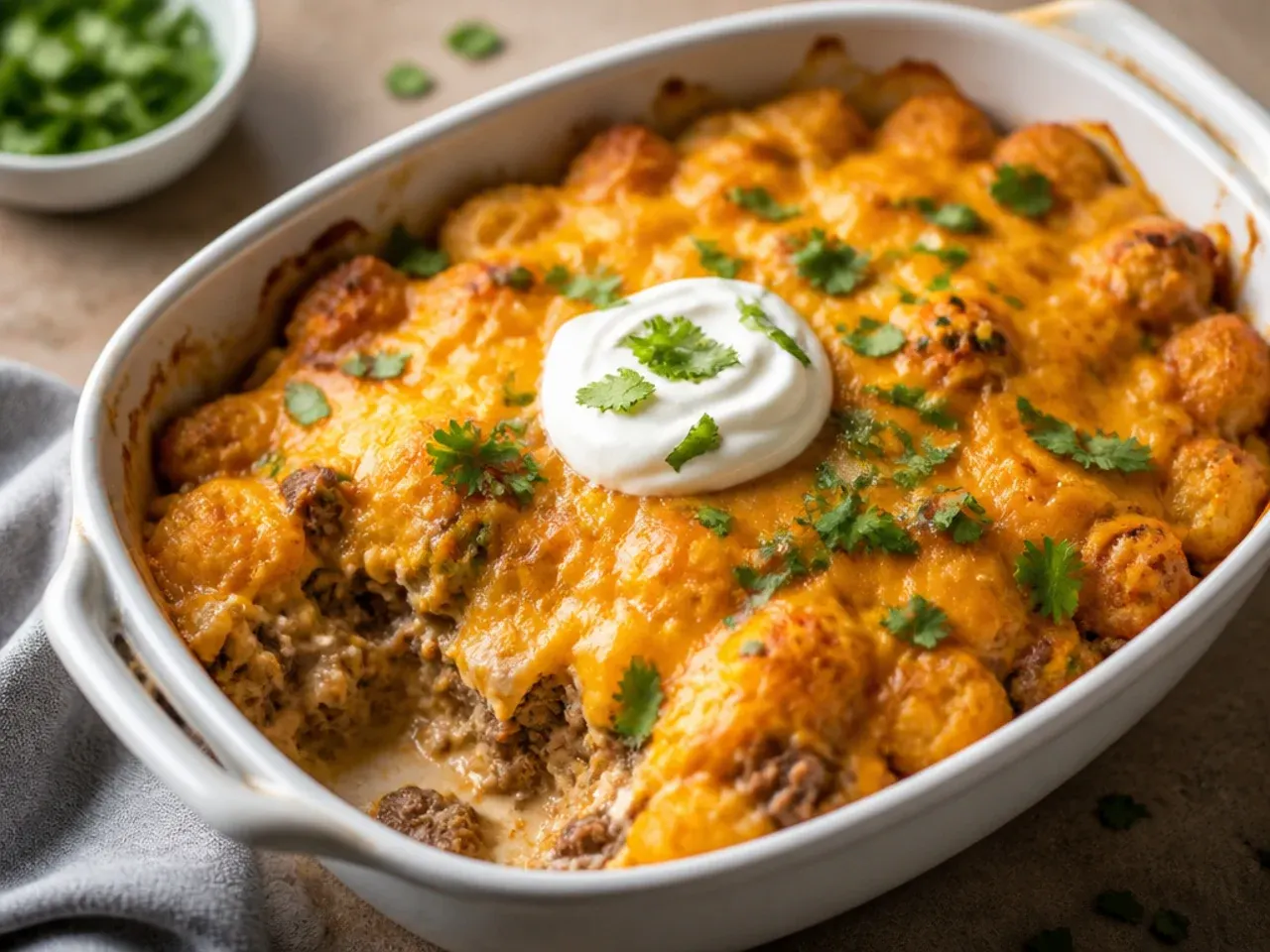 Cheesy three-cheese tater tot casserole with a long cheese pull from a lifted serving spoon