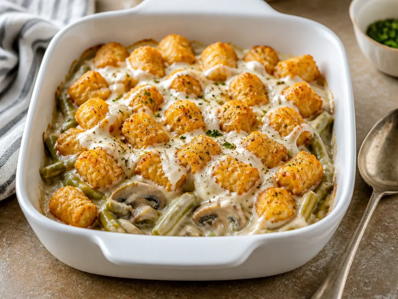 Comforting green bean and mushroom tater tot casserole with visible green beans in the creamy filling