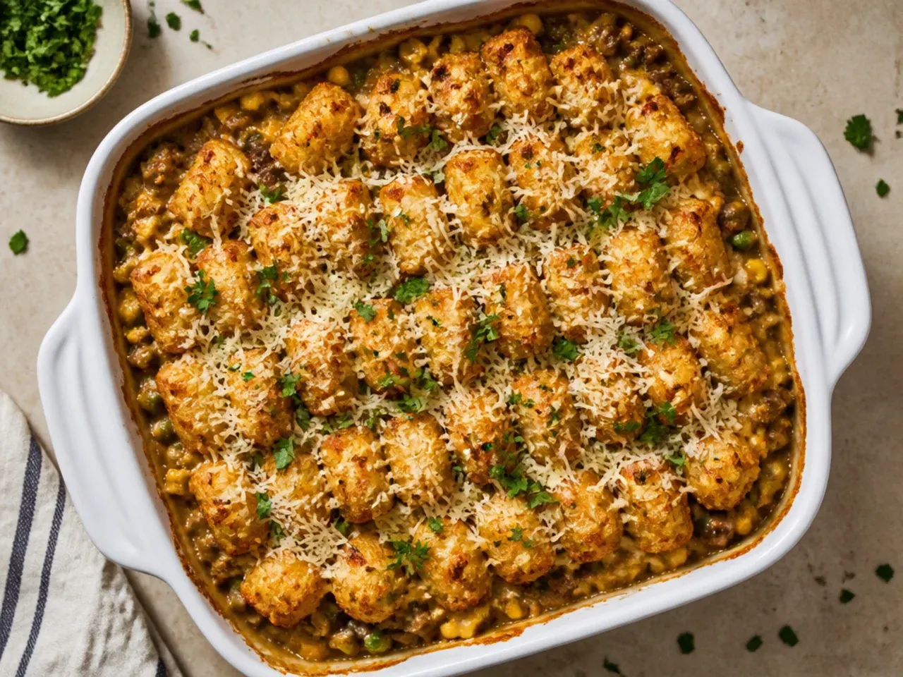 Budget-friendly tater tot casserole made with tinned sweetcorn and simple pantry ingredients