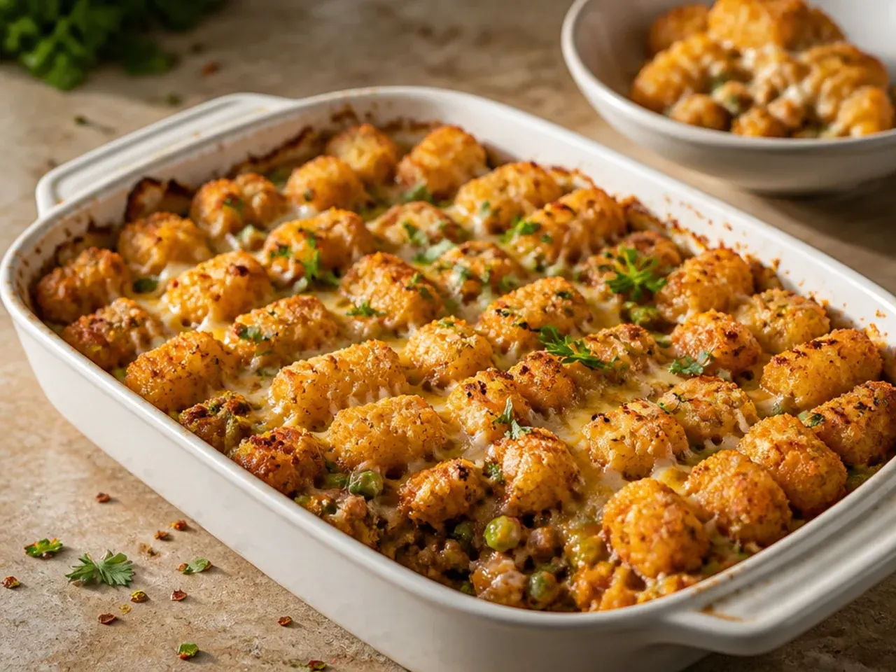 Weeknight sheet-pan tater tot casserole spread thin across a rimmed baking tray