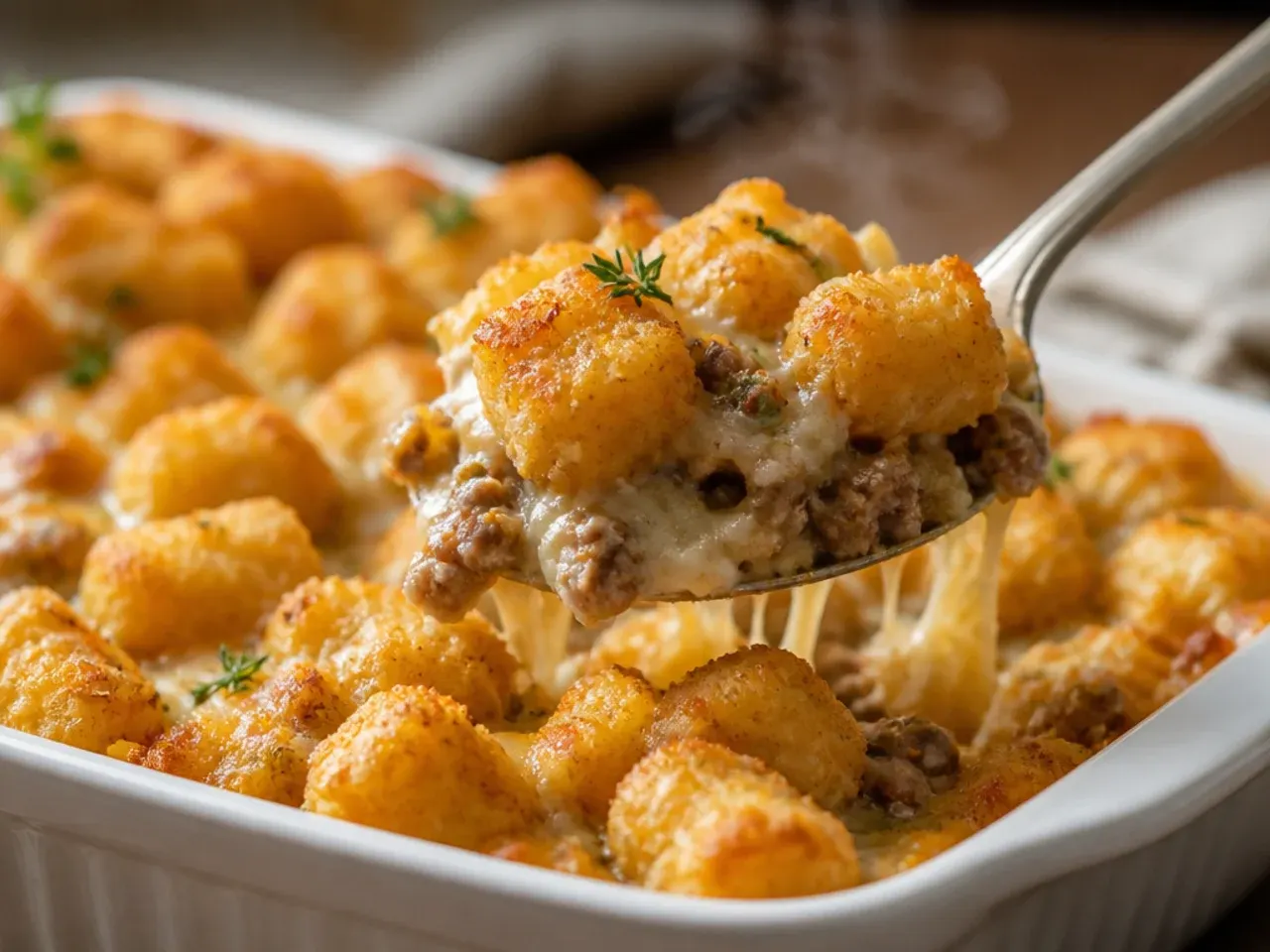 Rustic farmhouse sausage tater tot casserole with browned, craggy sausage crumbles visible under the tots