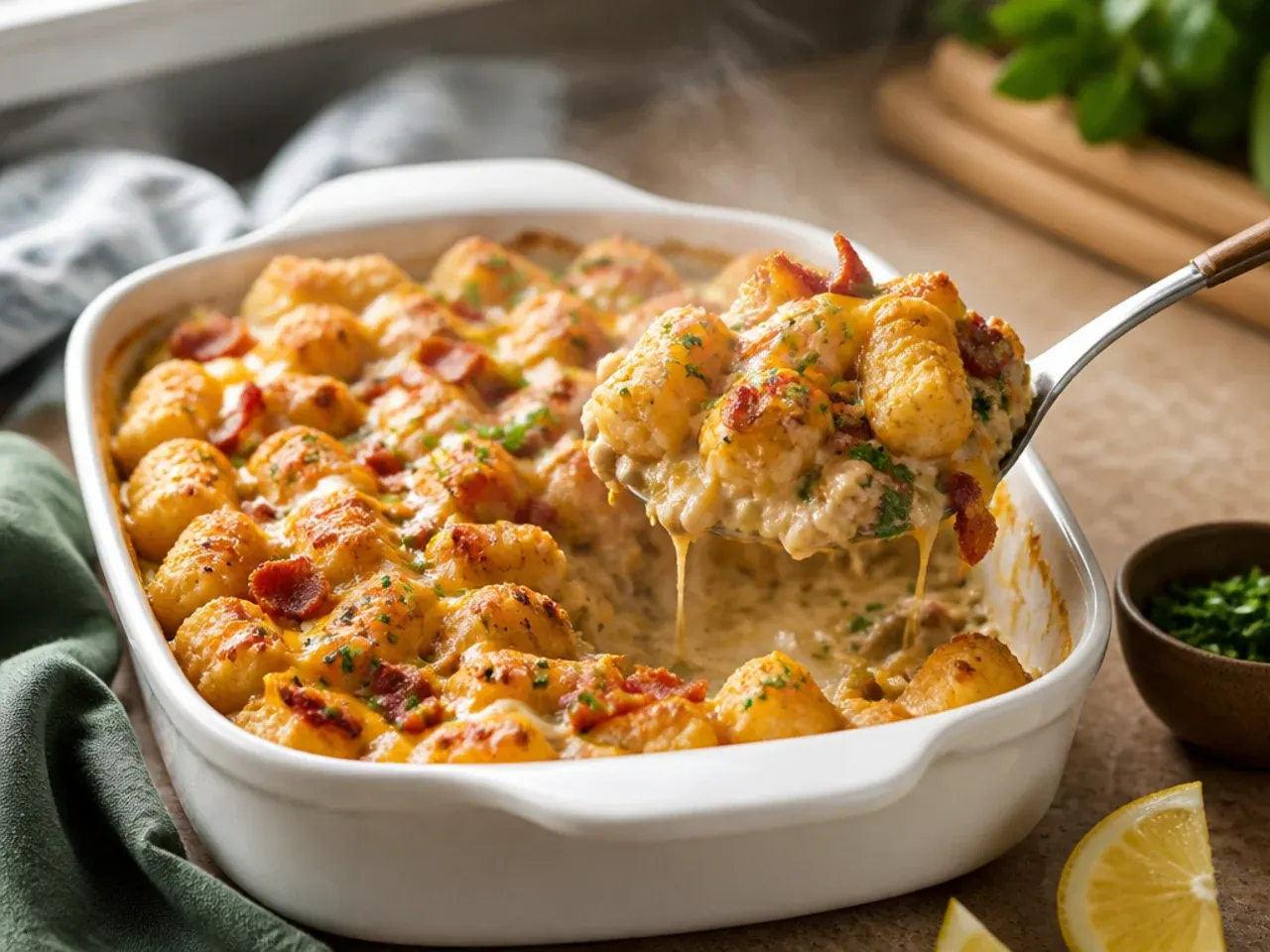 Loaded bacon ranch tater tot casserole topped with sour cream, bacon bits, and sliced spring onions
