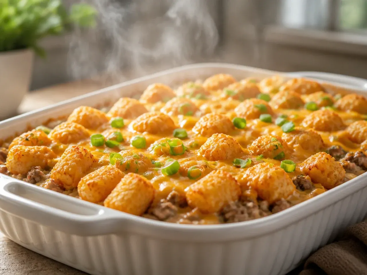 Two large family-size tater tot casseroles side by side ready to feed a crowd