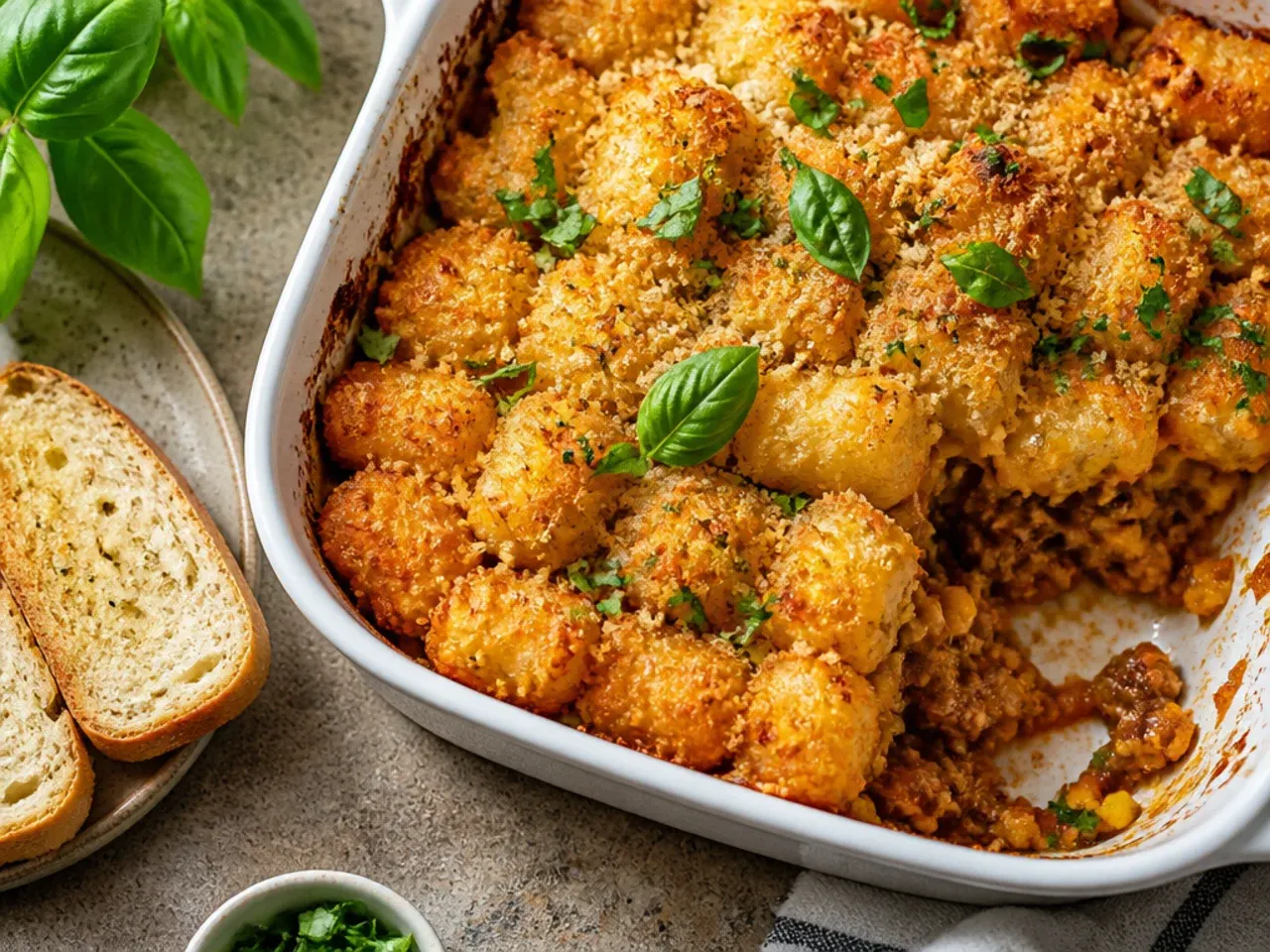 Best-ever crispy-top tater tot casserole with tots standing upright and deeply browned