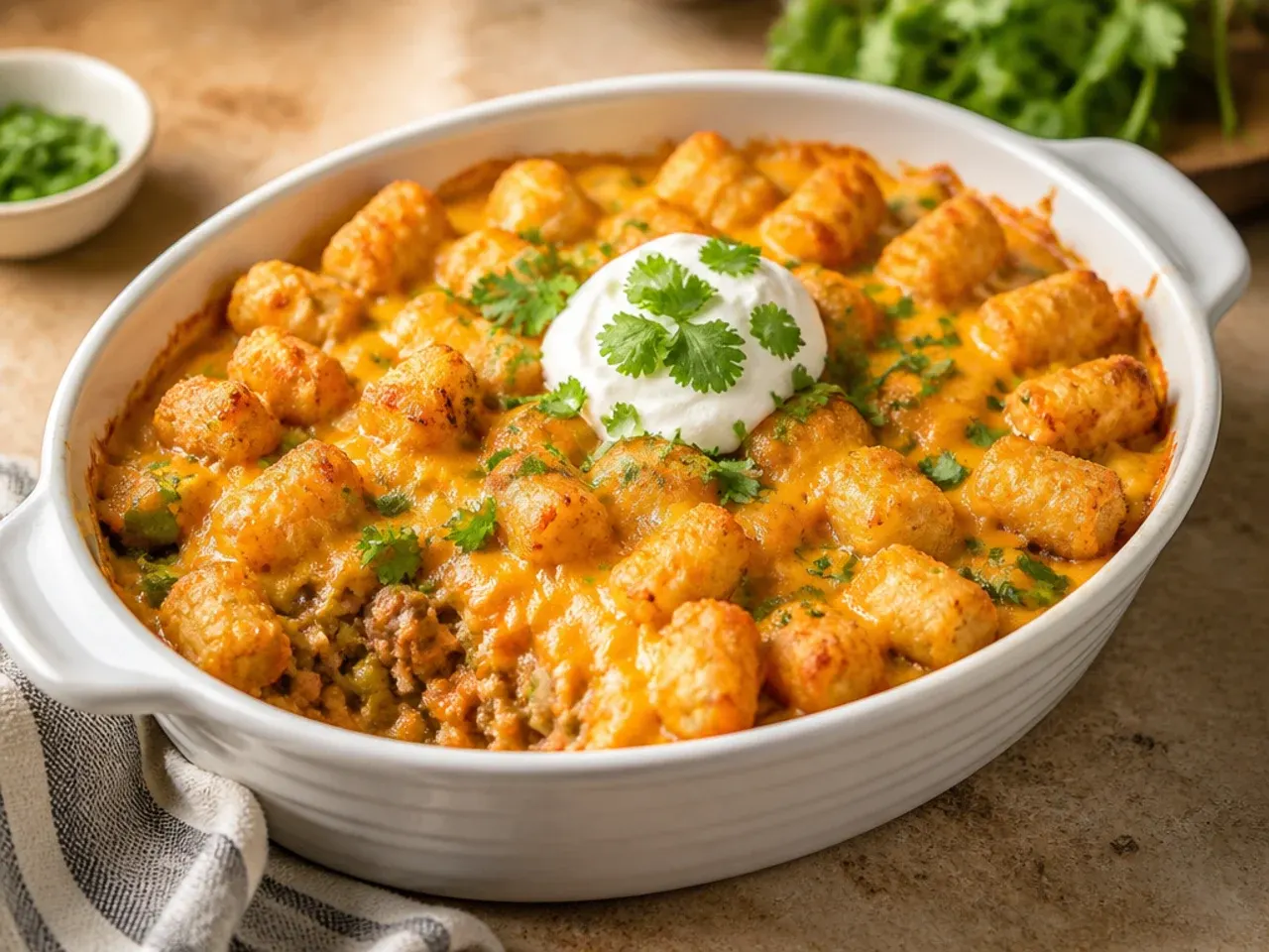 One-pot skillet tater tot casserole baked and served directly from a cast-iron pan
