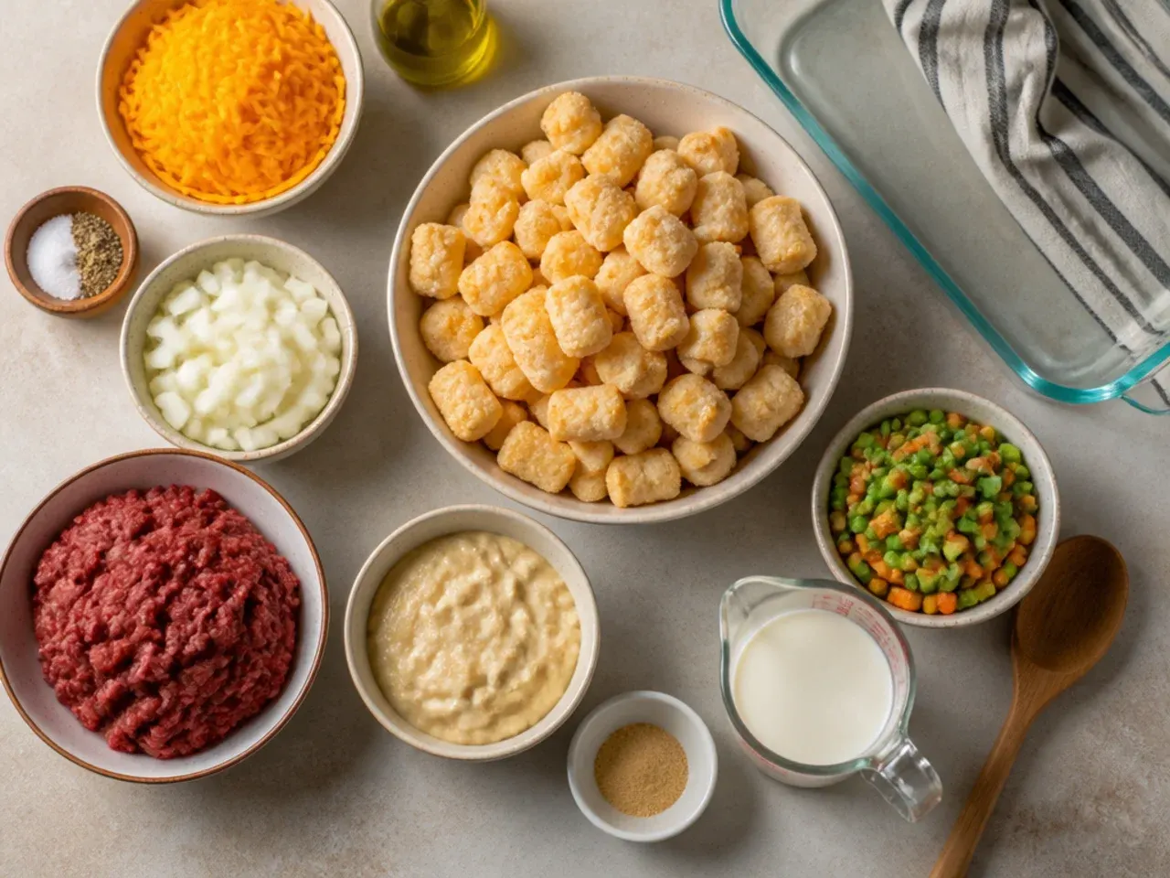 Close-up of a spoon lifting a golden, crispy tater tot from a finished casserole