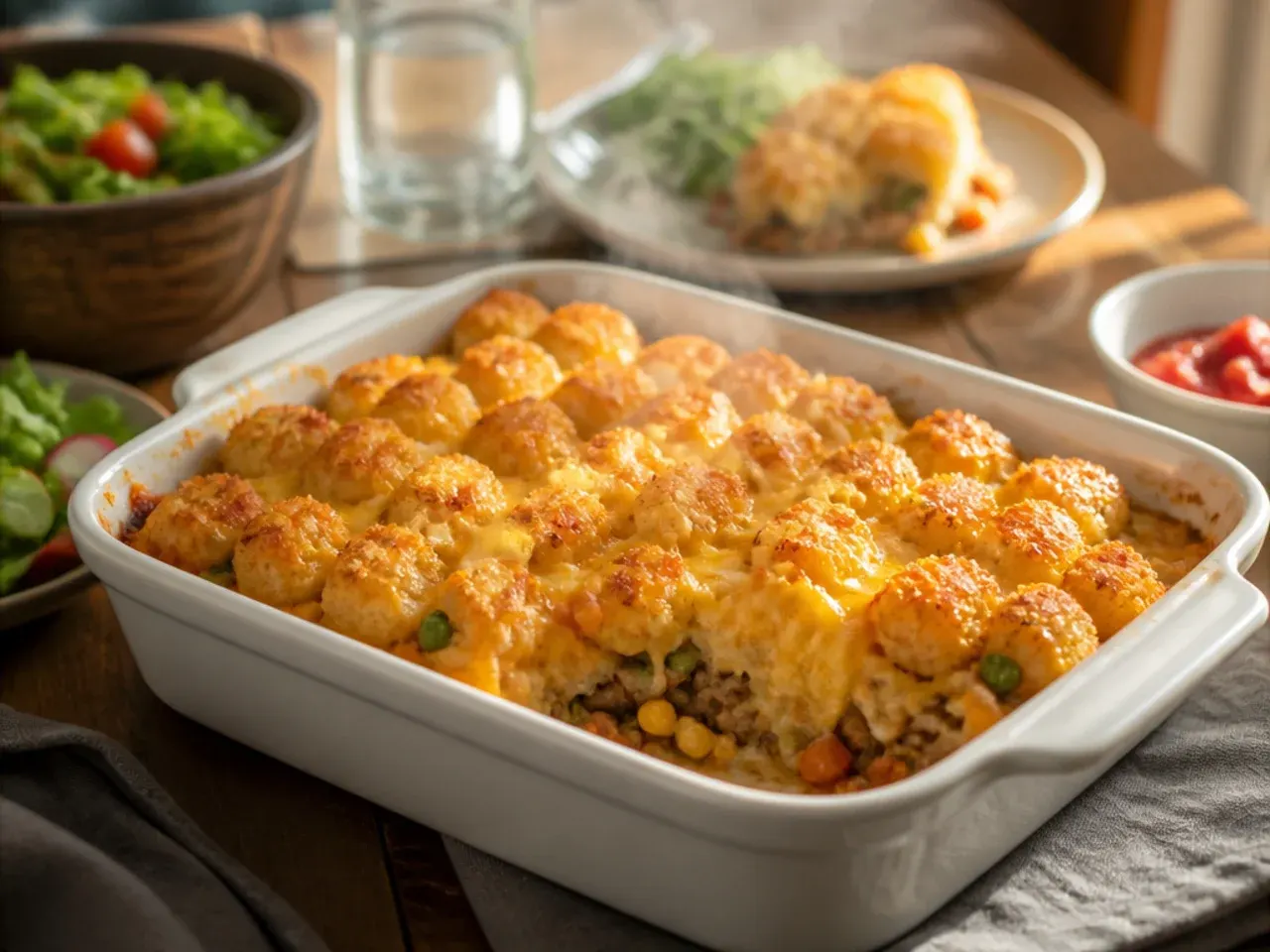 A plated serving of tater tot casserole next to a simple green salad and crusty bread