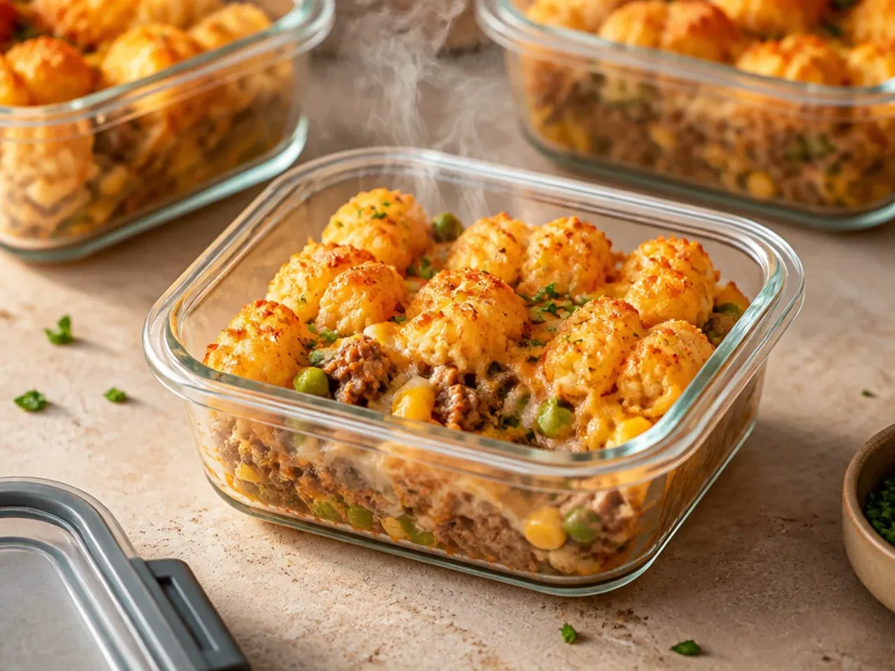 Leftover tater tot casserole portioned into airtight containers for storing in the fridge or freezer
