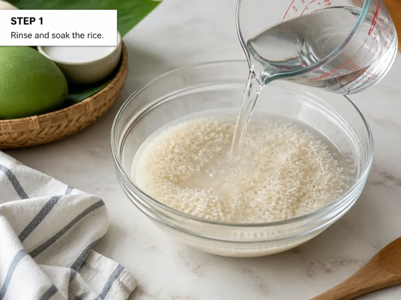 thai mango sticky rice — step 1: rinse and soak the rice