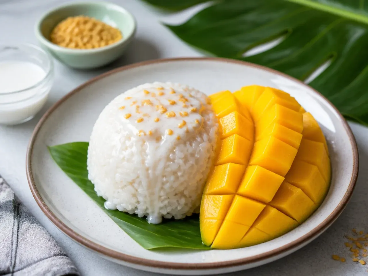 Plate of thai mango sticky rice with sliced ripe mango and coconut drizzle