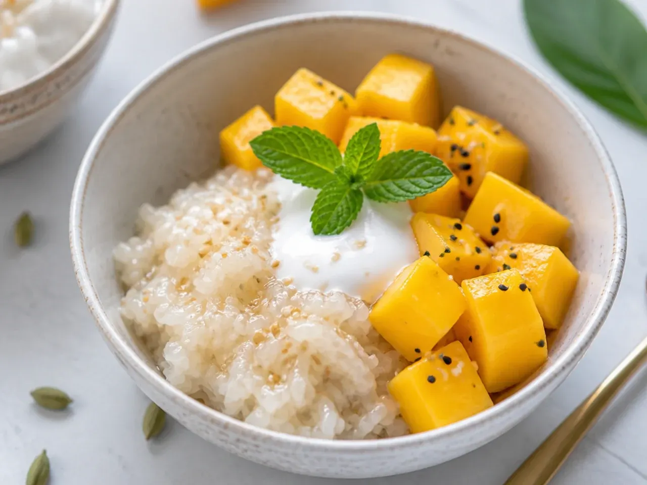 thai mango sticky rice — modern deconstructed mango sticky rice bowl