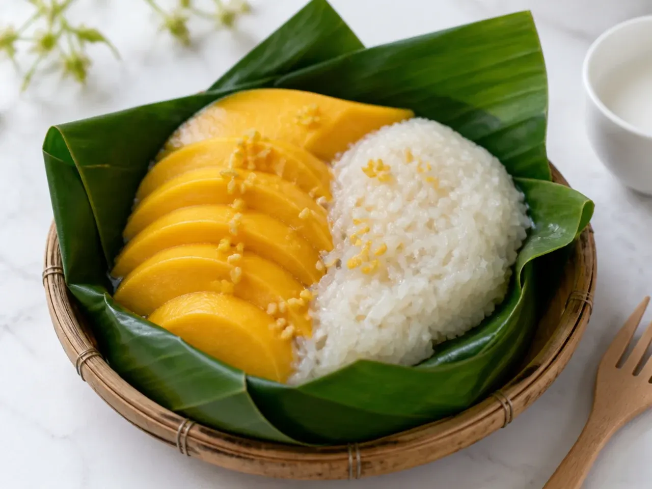 thai mango sticky rice — rustic banana-leaf wrapped mango sticky rice