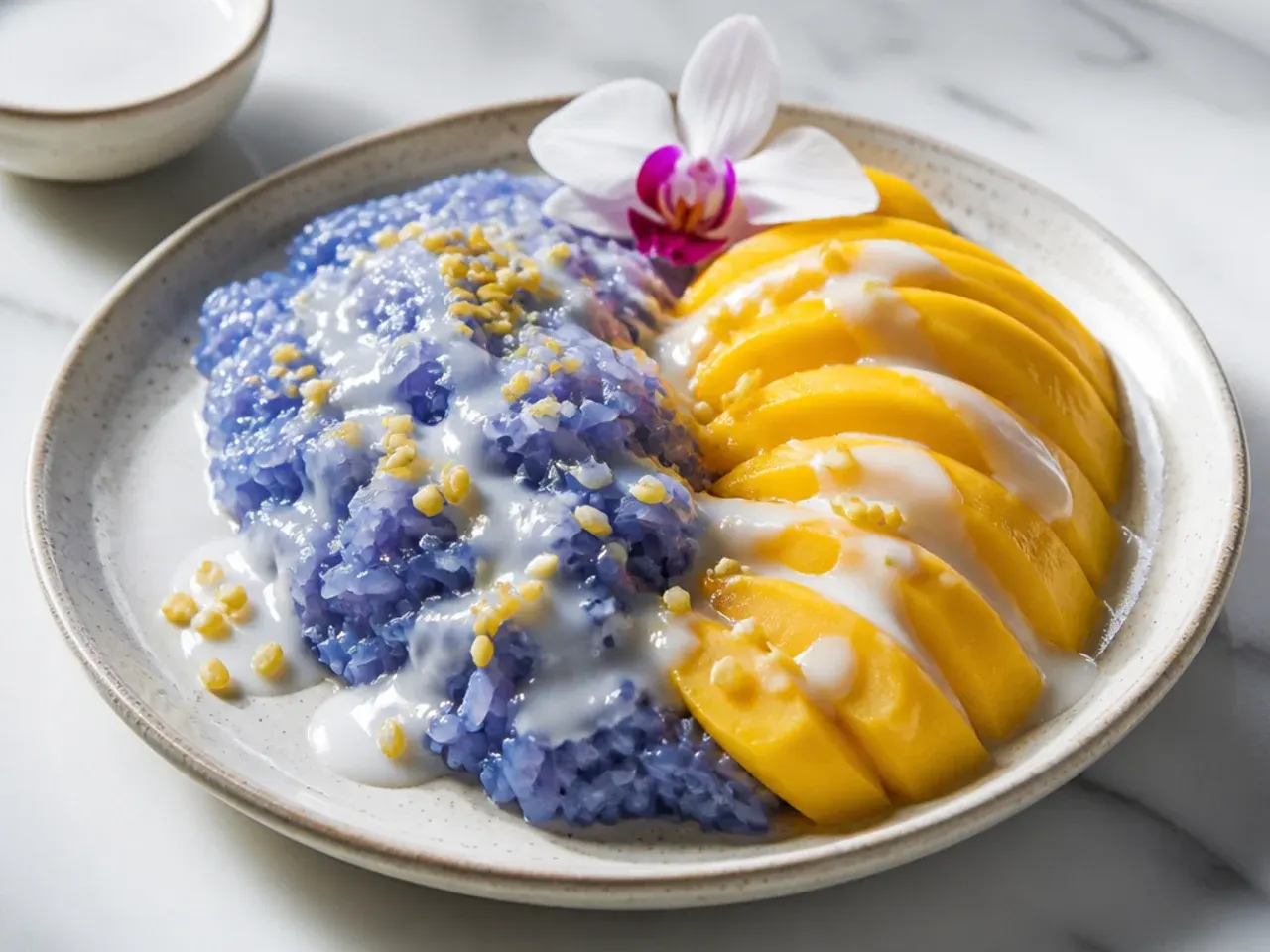 thai mango sticky rice — colorful butterfly-pea blue mango sticky rice
