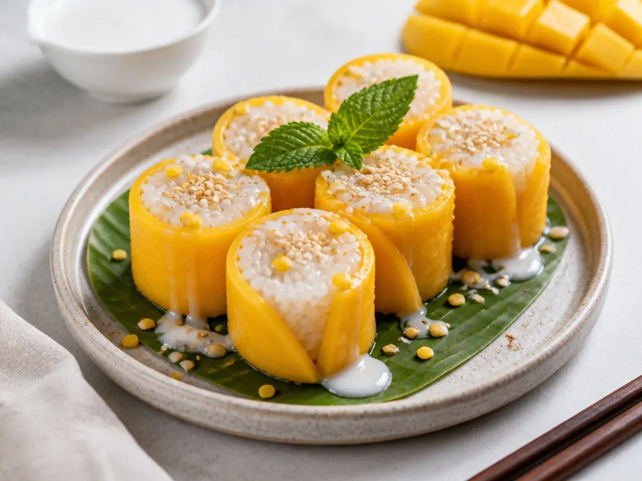 thai mango sticky rice — whimsical mango sticky rice sushi rolls