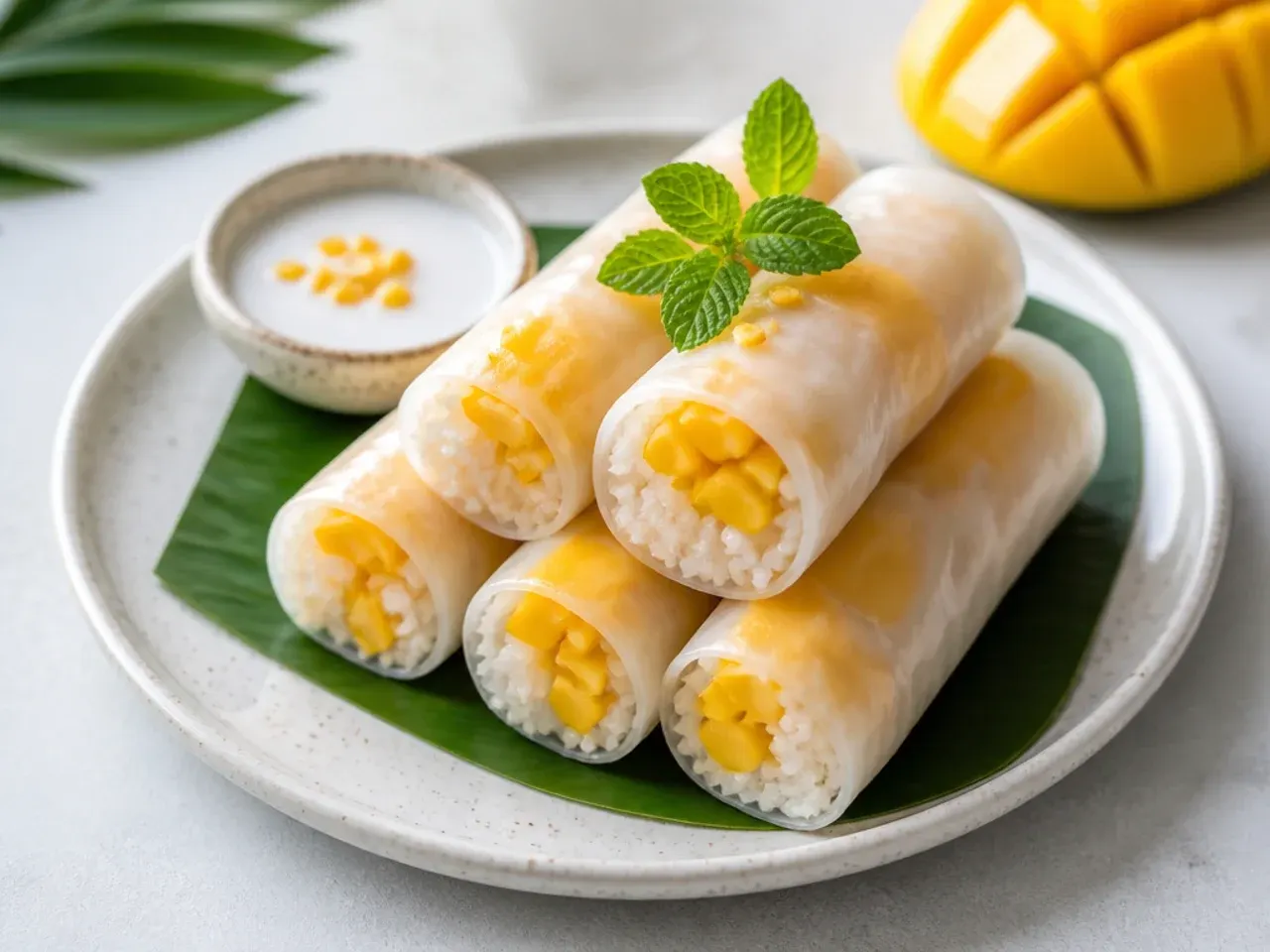 thai mango sticky rice — delicate mango sticky rice spring rolls