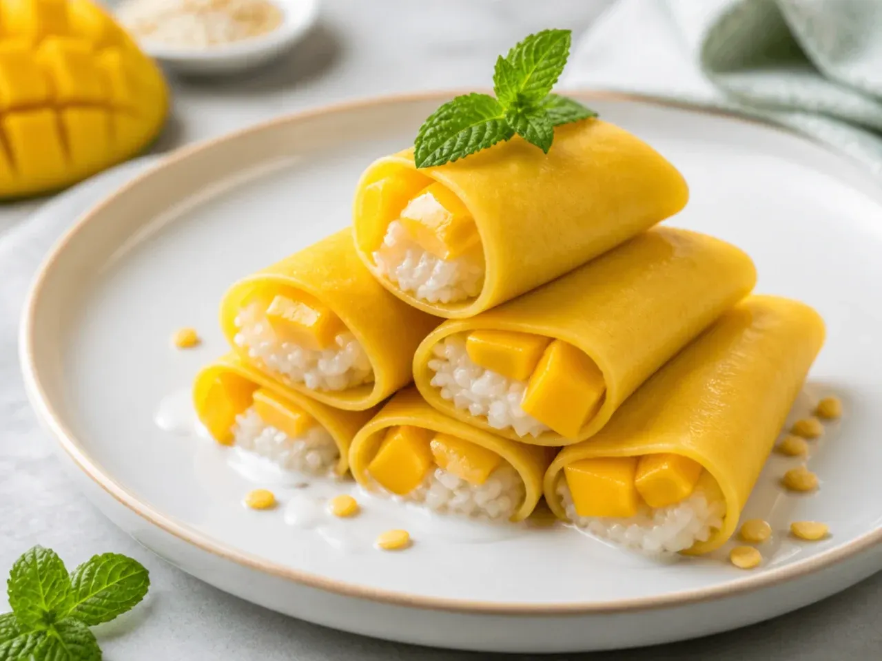 thai mango sticky rice — creative mango sticky rice crepe parcels
