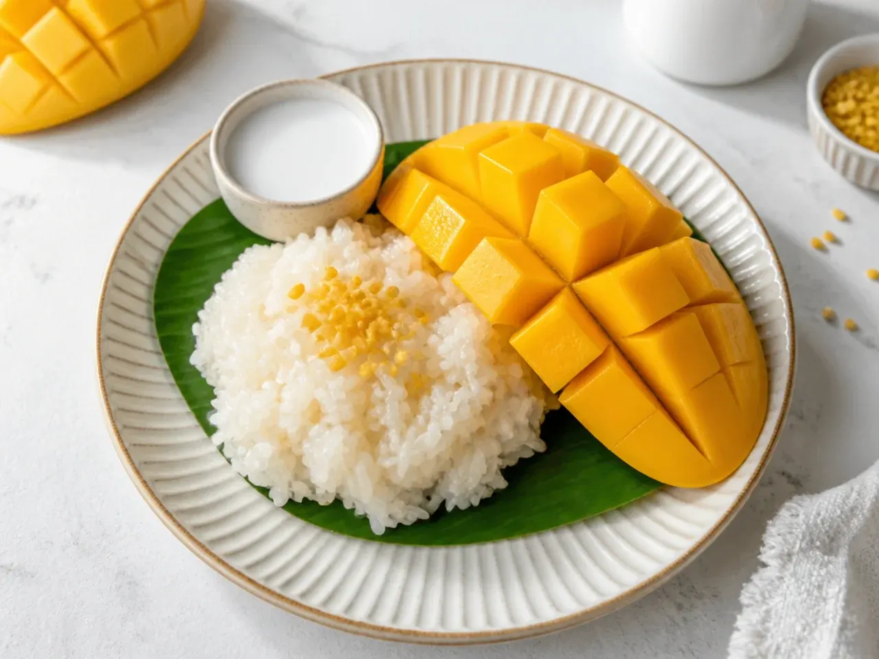 thai mango sticky rice — classic mango sticky rice with crispy mung beans