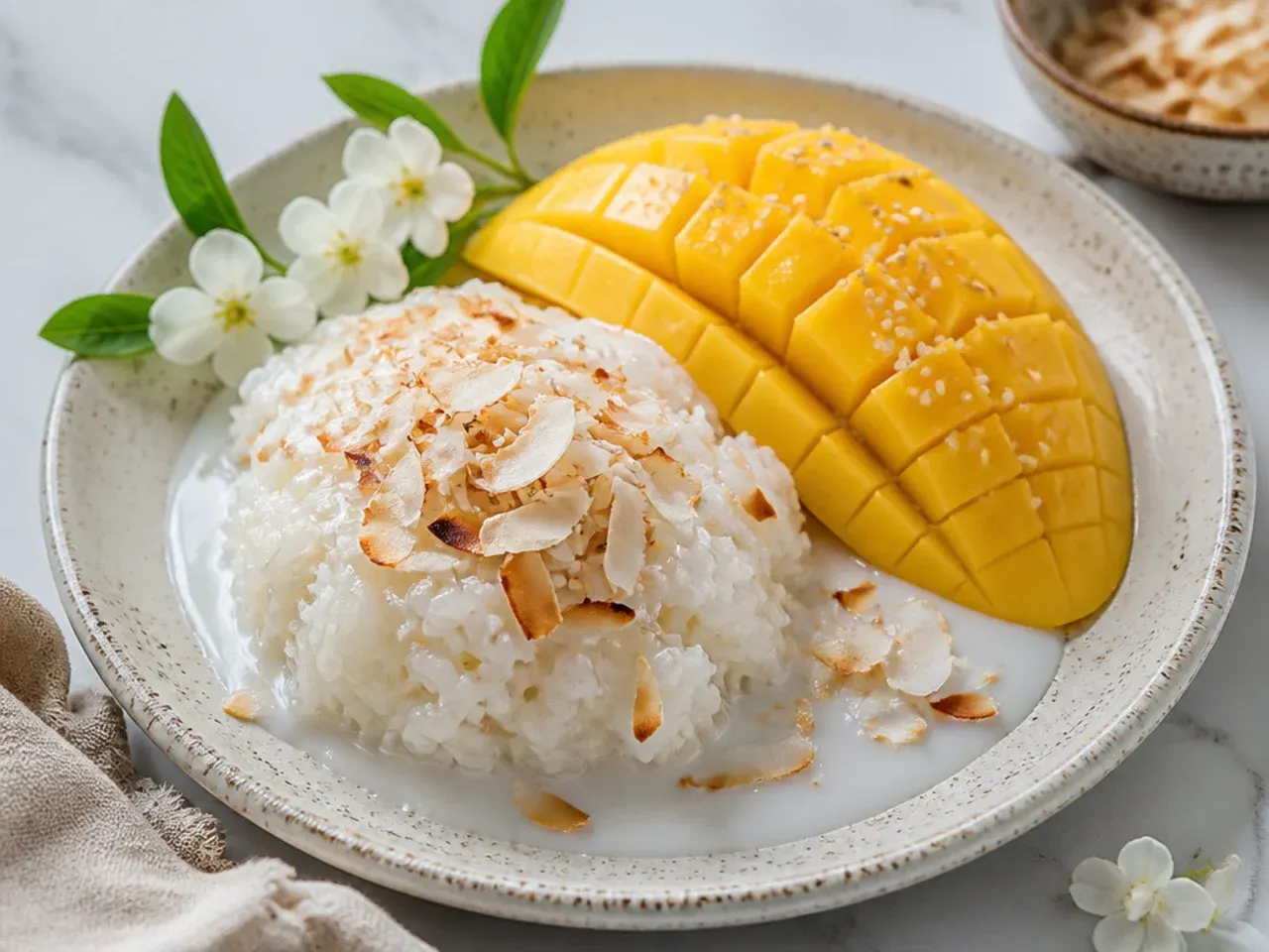 thai mango sticky rice — rustic toasted coconut mango sticky rice