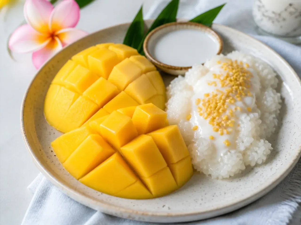 thai mango sticky rice — colorful tropical fruit mango sticky rice platter