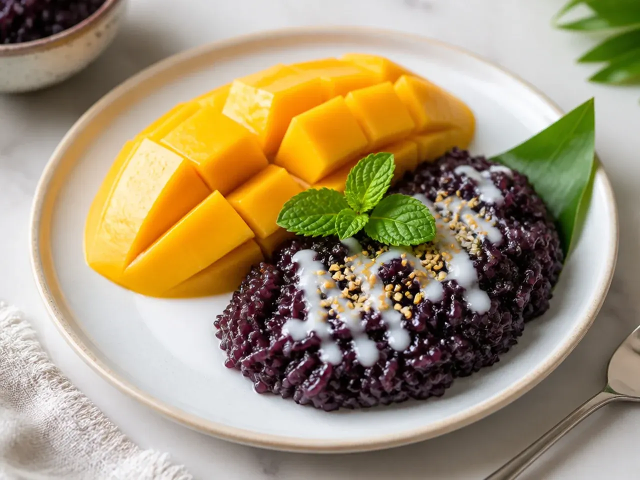 thai mango sticky rice — minimal black sticky rice with mango