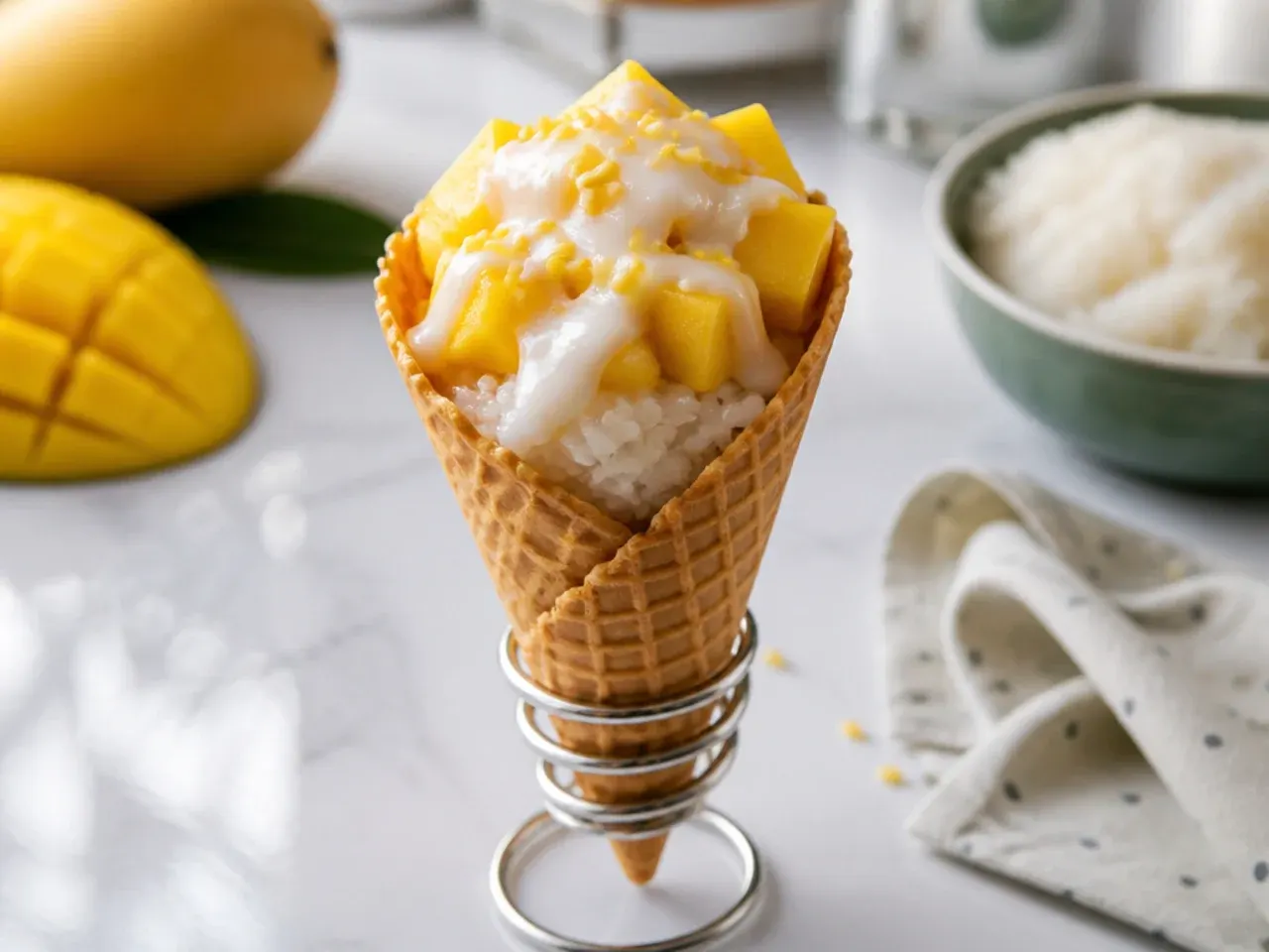 thai mango sticky rice — whimsical mango sticky rice waffle cones