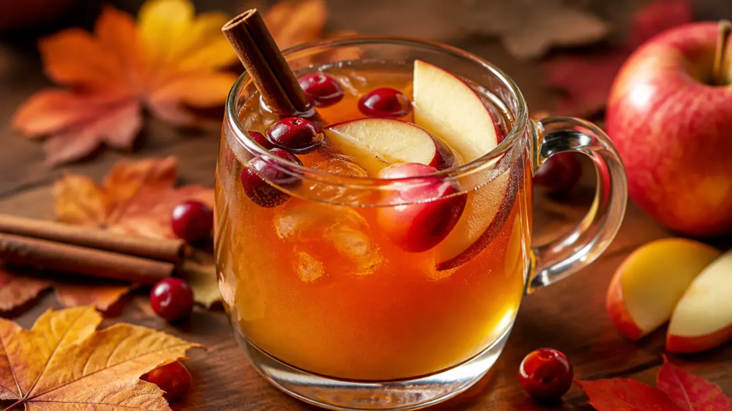 A glass punch bowl of sparkling cranberry apple cider surrounded by smaller drink glasses, cinnamon sticks, and orange slices on a Thanksgiving table