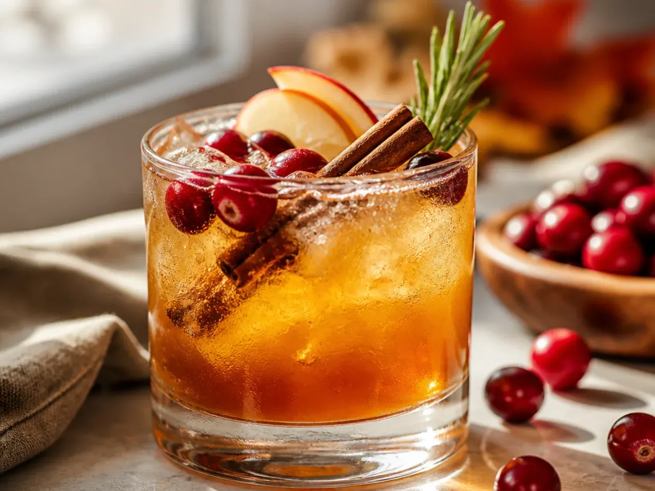 Overhead shot of a Thanksgiving drinks table with a punch bowl, glasses, and garnishes ready for guests