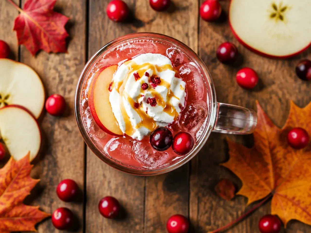 Tall glass of iced apple cider cranberry fizz with a cinnamon stick garnish