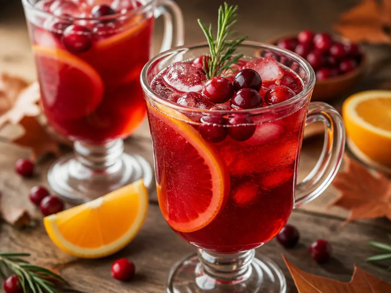 Glass punch bowl of classic cranberry orange punch with floating orange slices