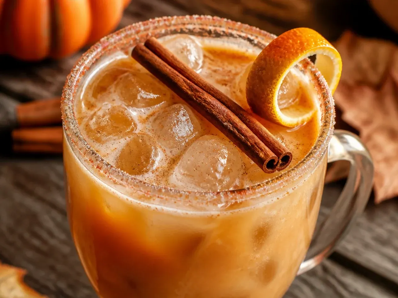 Frothy copycat pumpkin latte cocktail in a glass dusted with pumpkin pie spice