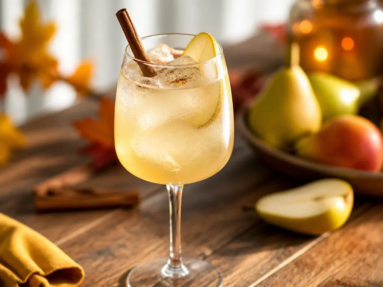 Refreshing pear ginger spritz garnished with a fanned pear slice
