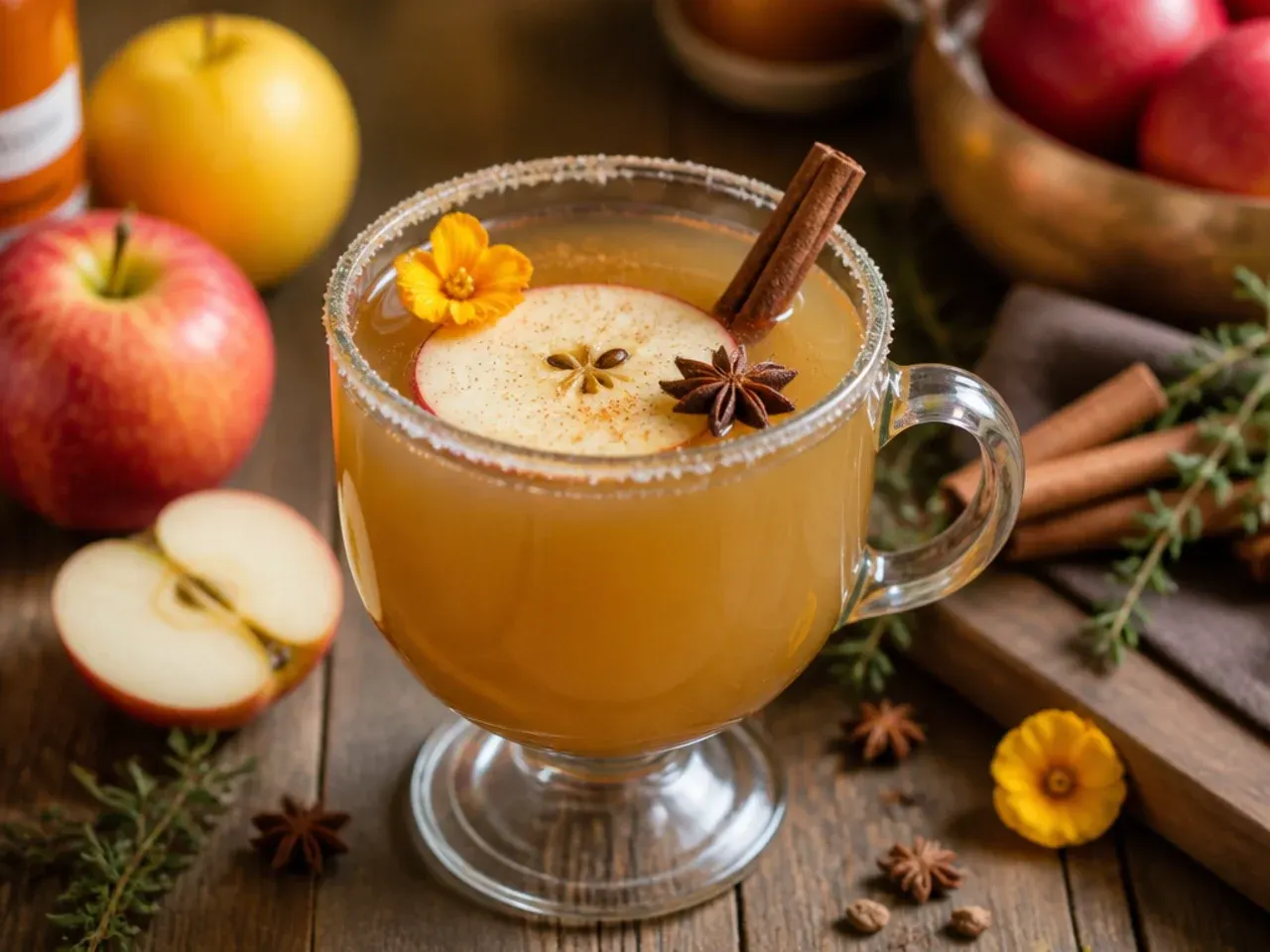 Steaming mug of cozy mulled apple cider toddy with a cinnamon stick