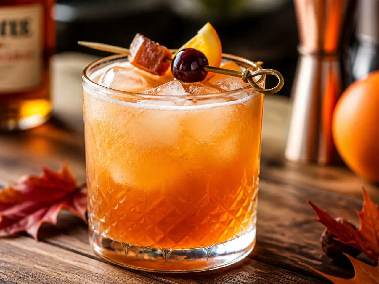 Sweet maple bourbon sour in a rocks glass over a large ice cube