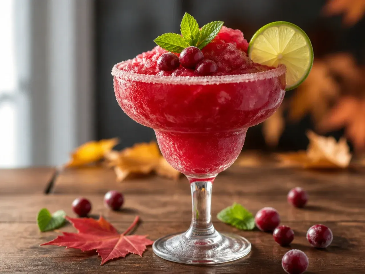 Frozen cranberry margarita slush in a salt-rimmed glass
