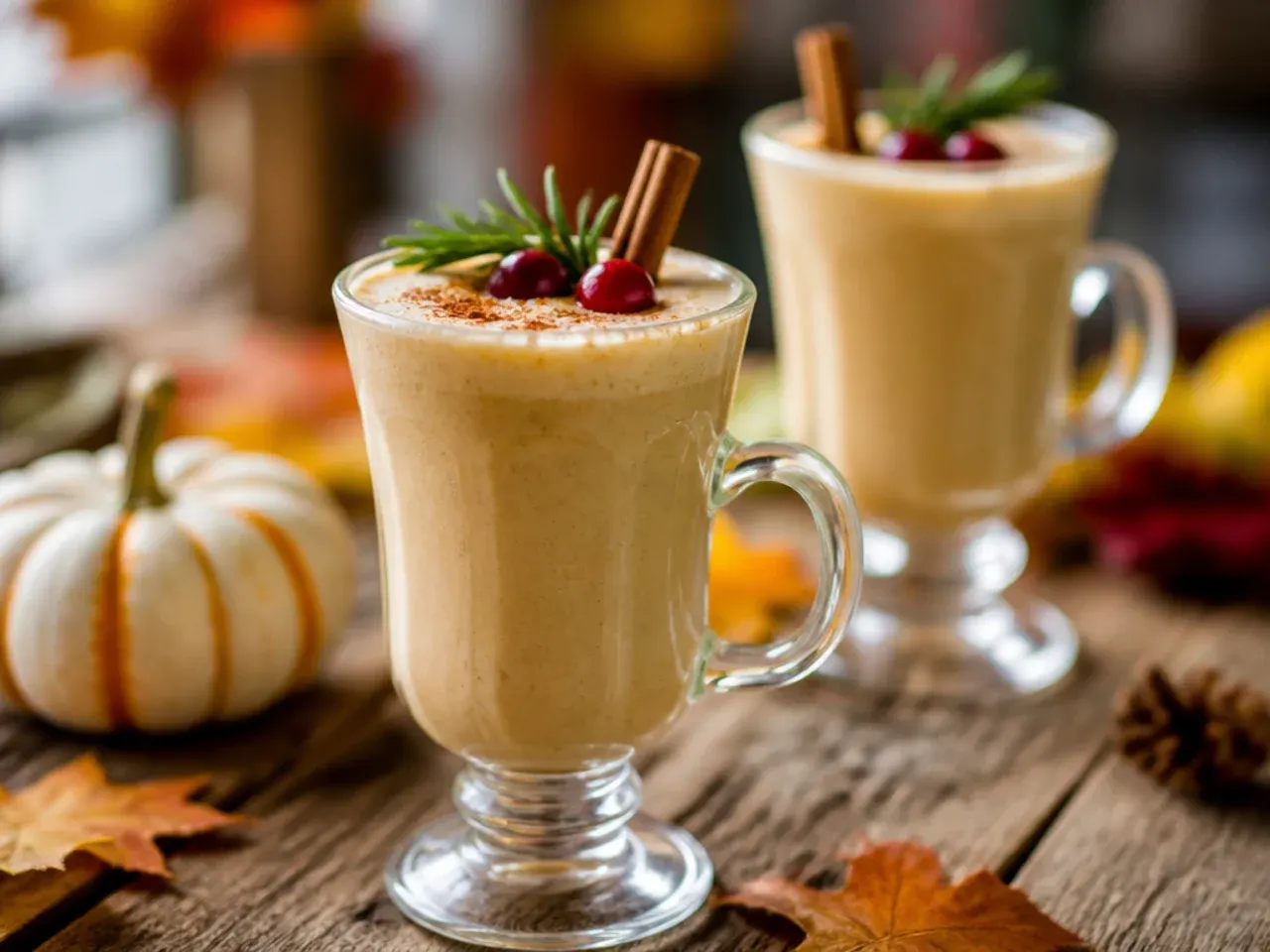 Small glasses of blended pumpkin spice coquito dusted with cinnamon