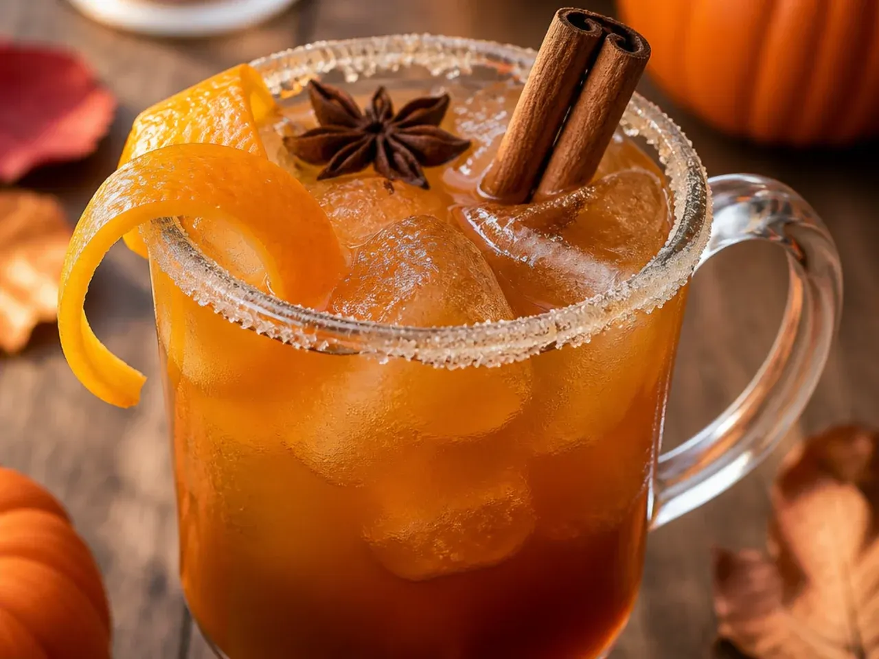 Pitcher of spiced chai rum punch with cinnamon stick garnishes