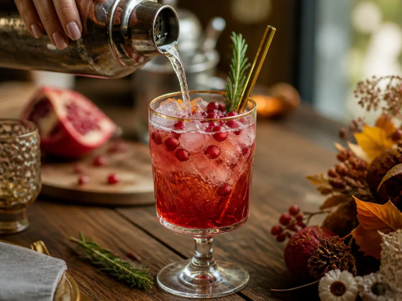 Row of festive pomegranate champagne cocktails with visible pomegranate arils