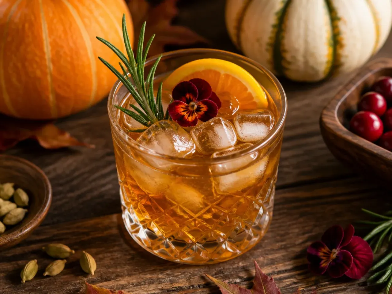 Bold bourbon maple old fashioned in a rocks glass with an orange peel twist