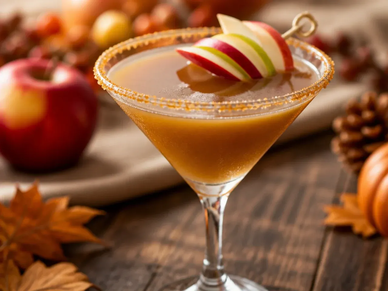 Smooth salted caramel apple martini in a caramel-rimmed martini glass
