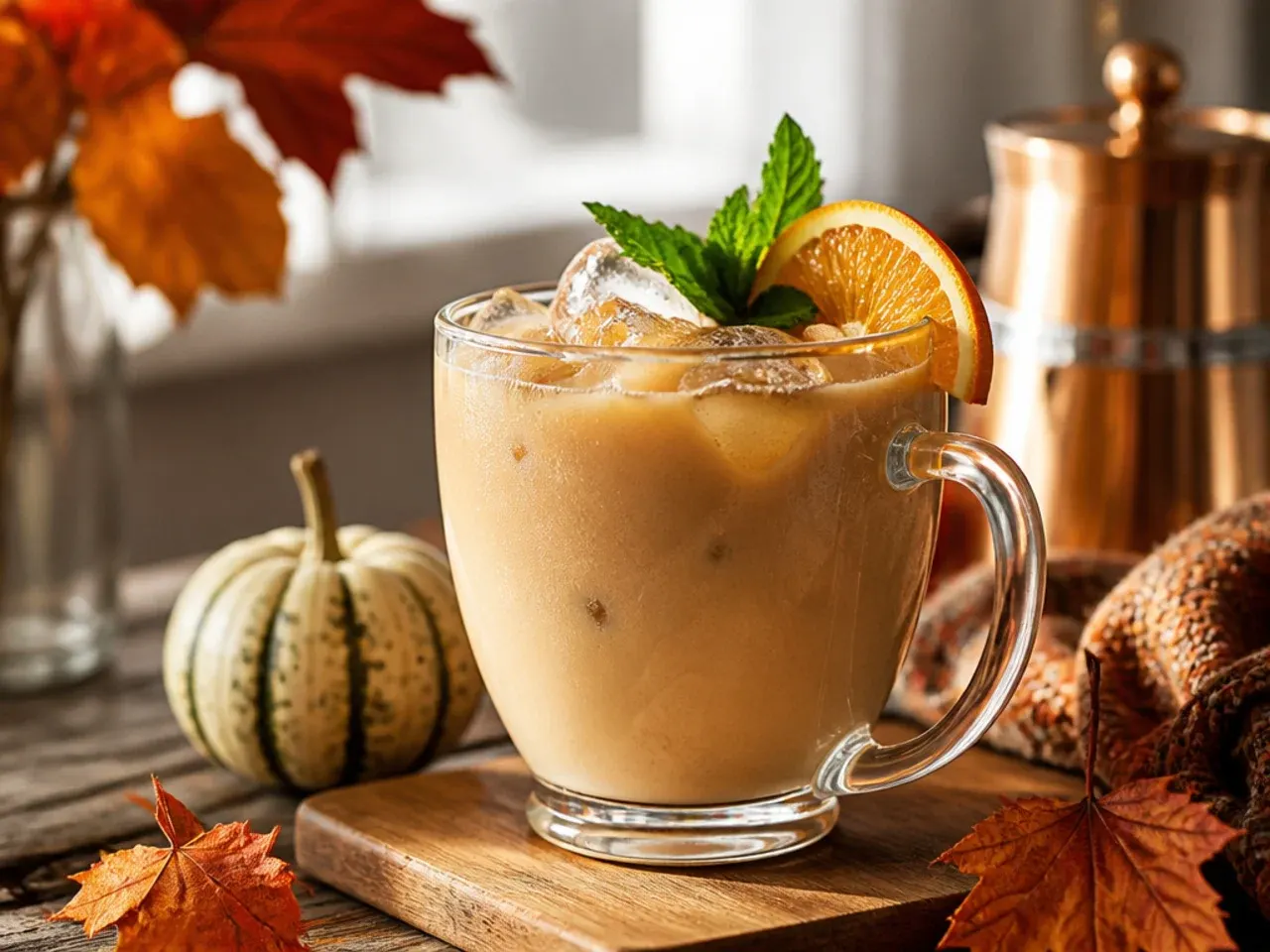 Iced vanilla chai rum latte in a tall glass with cinnamon dusting