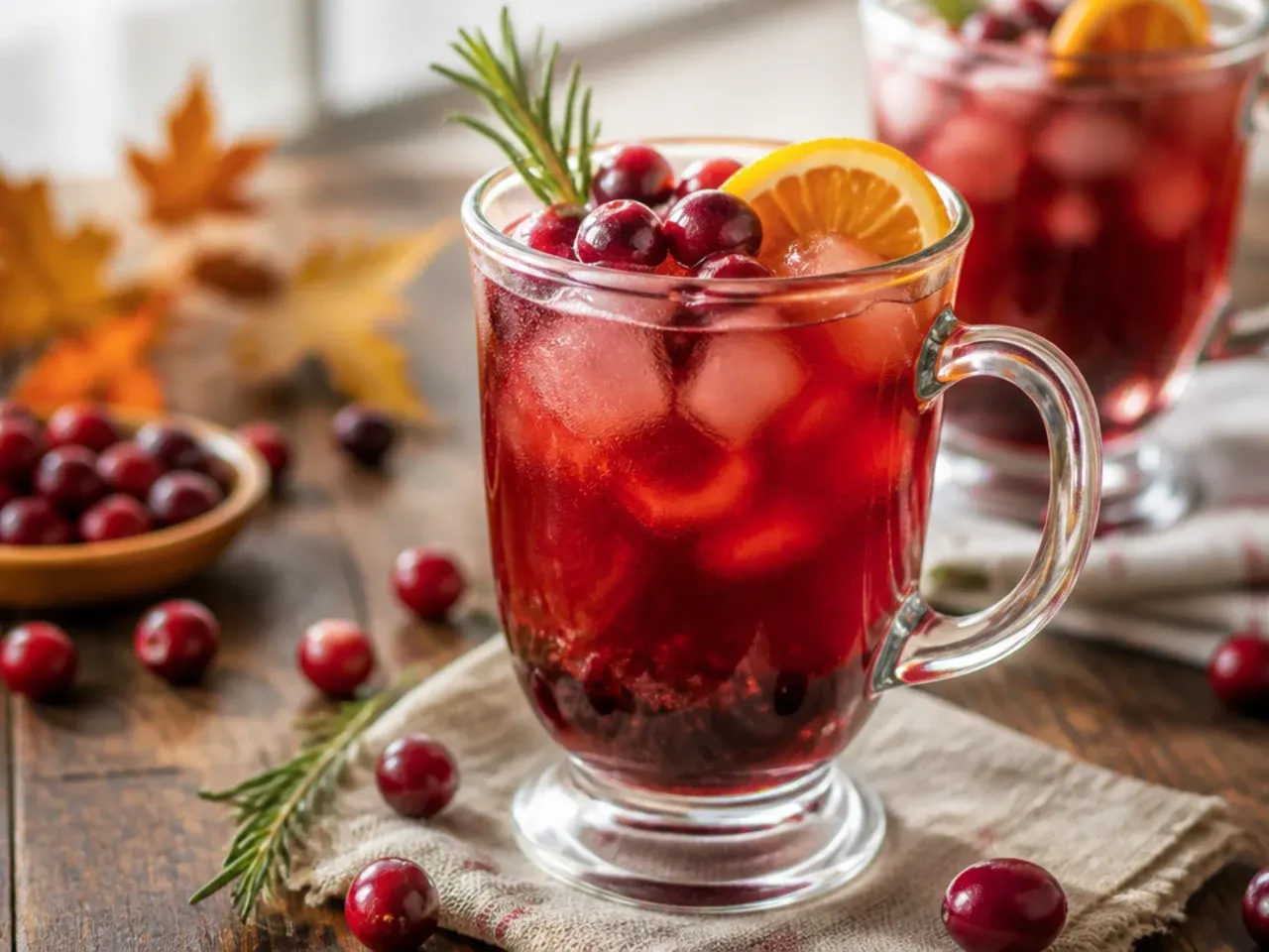 Pitcher of copycat cranberry cider sangria with sliced apples and oranges