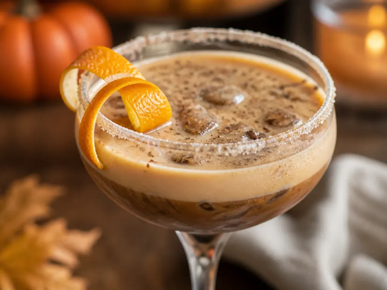 Creamy eggnog espresso martini in a coupe glass with three coffee beans on top