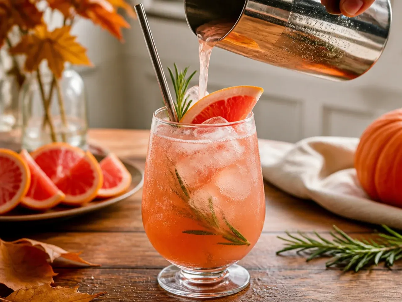 Refreshing rosemary grapefruit fizz garnished with a rosemary sprig